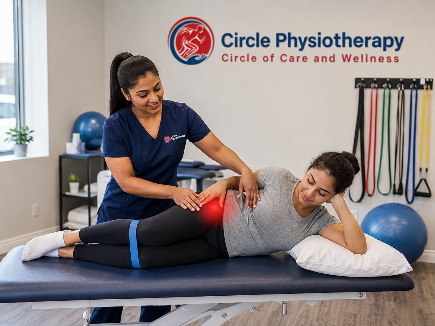 Physiotherapist in Brampton treating hip pain after a slip and fall injury