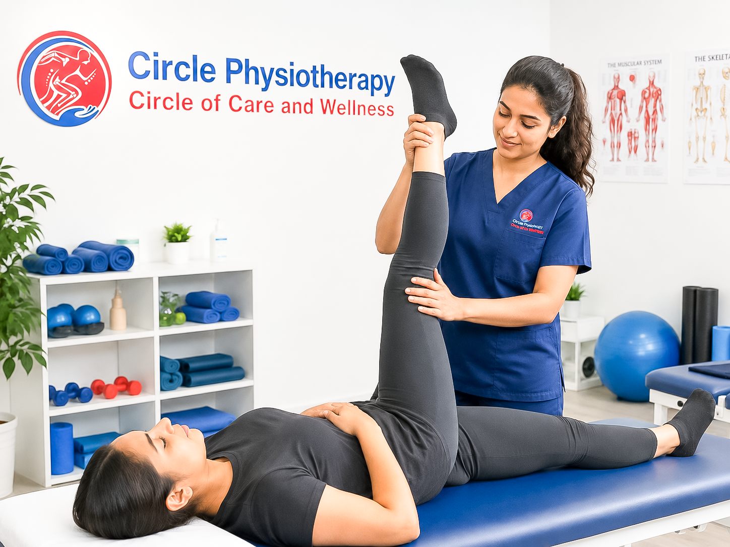 Physiotherapist treating a patient at Circle Physiotherapy Brampton — assisted leg-stretch session in our McLaughlin Road clinic